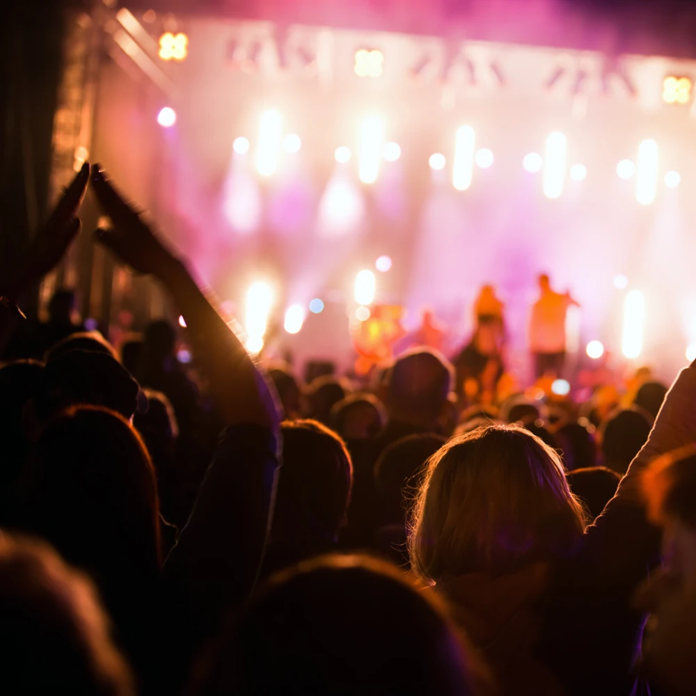 Crowds at a music festival  in the bright lights of the stage