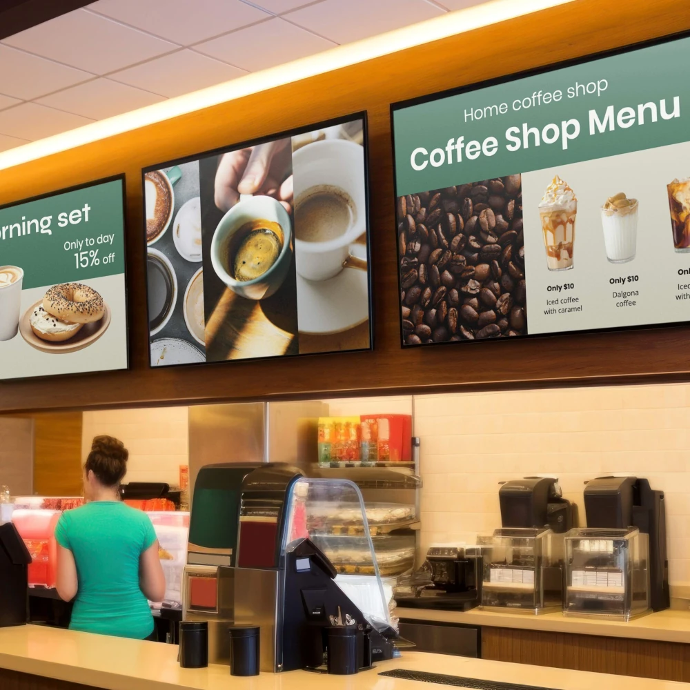 Overhead menu displays in a coffee shop
